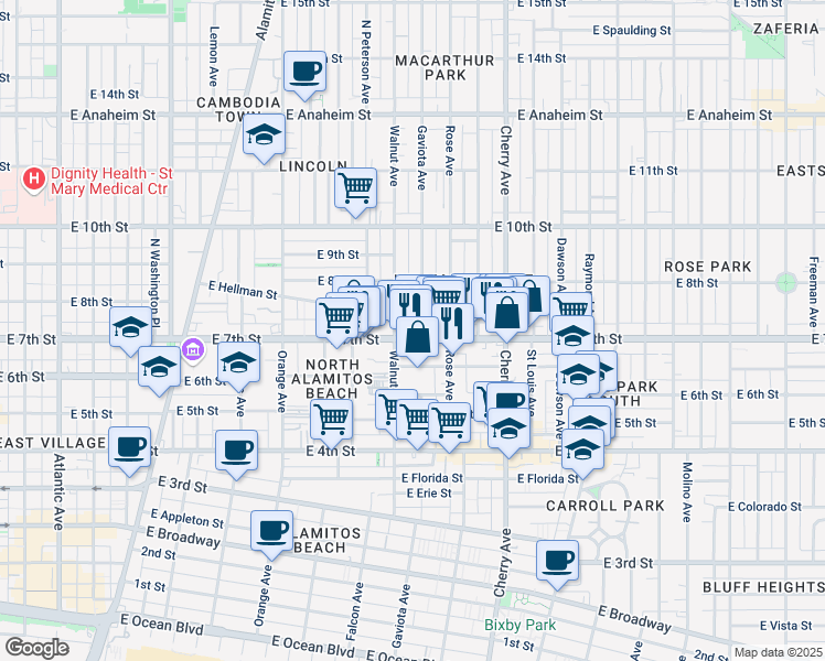 map of restaurants, bars, coffee shops, grocery stores, and more near in Long Beach