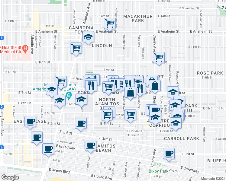 map of restaurants, bars, coffee shops, grocery stores, and more near in Long Beach