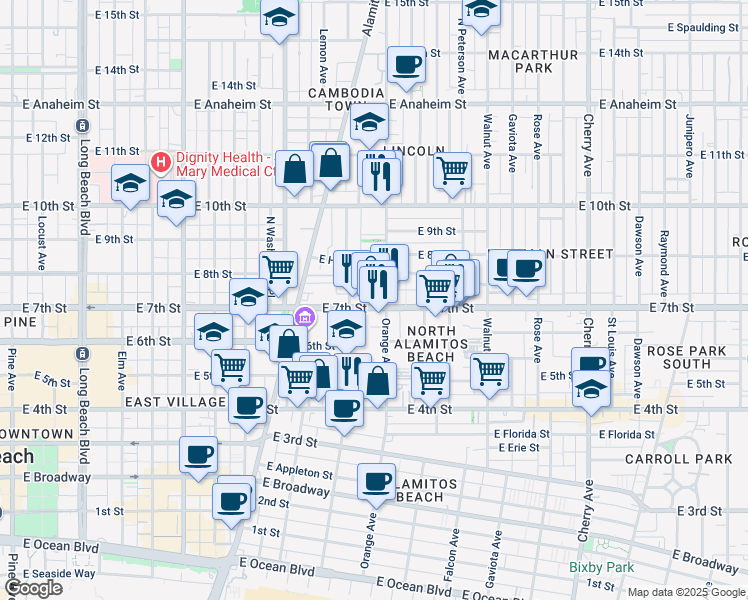 map of restaurants, bars, coffee shops, grocery stores, and more near 1041 East 7th Street in Long Beach