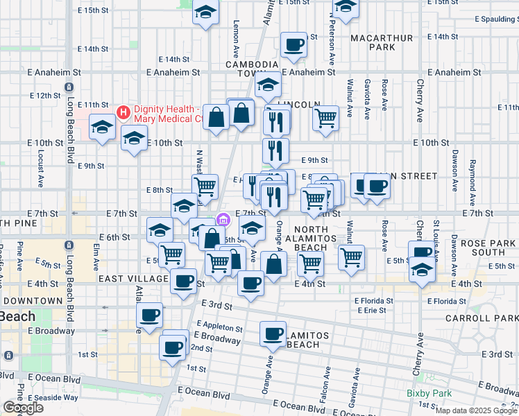 map of restaurants, bars, coffee shops, grocery stores, and more near 1041 East 7th Street in Long Beach