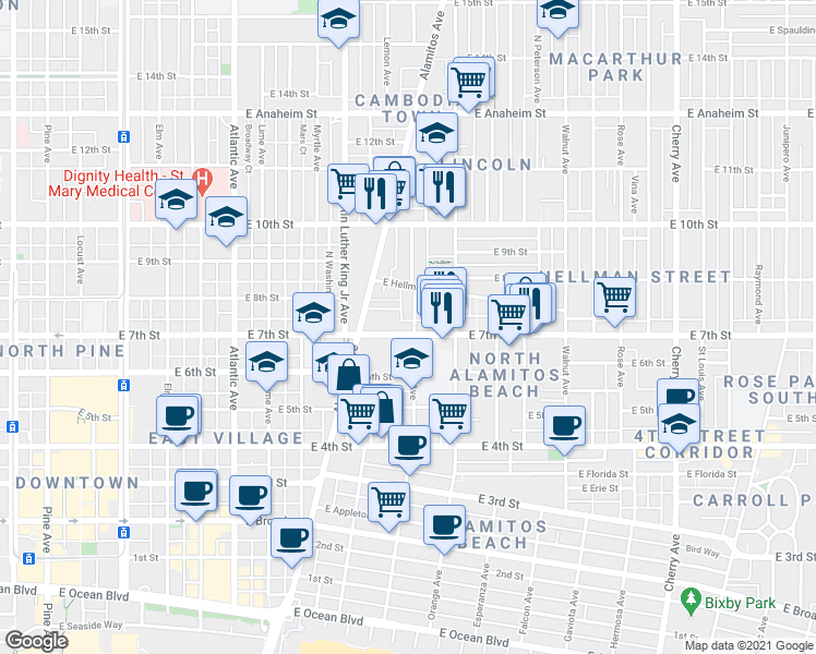 map of restaurants, bars, coffee shops, grocery stores, and more near 1041 East 7th Street in Long Beach