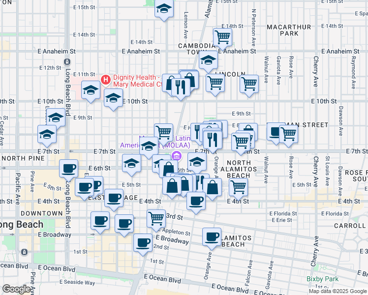 map of restaurants, bars, coffee shops, grocery stores, and more near 1041 East 7th Street in Long Beach