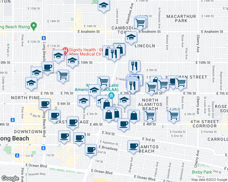 map of restaurants, bars, coffee shops, grocery stores, and more near 1041 East 7th Street in Long Beach