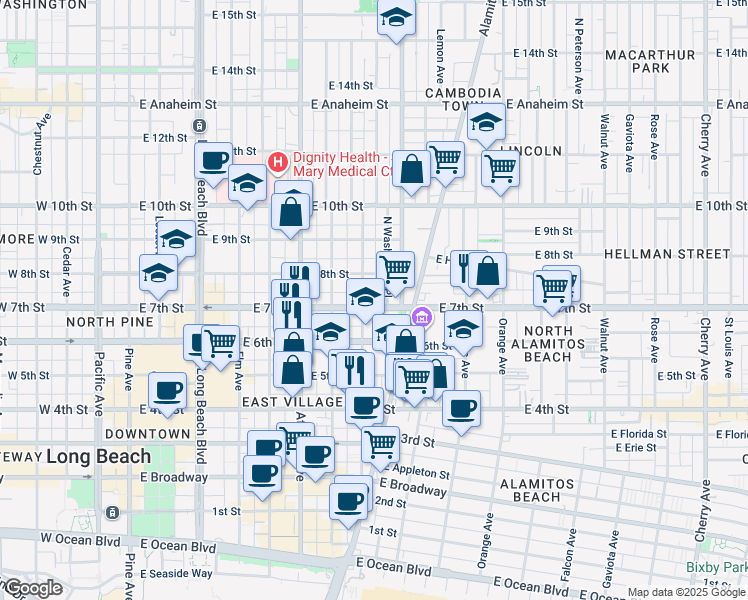 map of restaurants, bars, coffee shops, grocery stores, and more near 811 East 7th Street in Long Beach