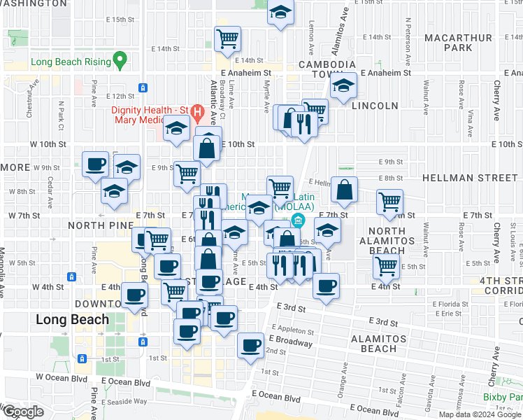 map of restaurants, bars, coffee shops, grocery stores, and more near 811 East 7th Street in Long Beach