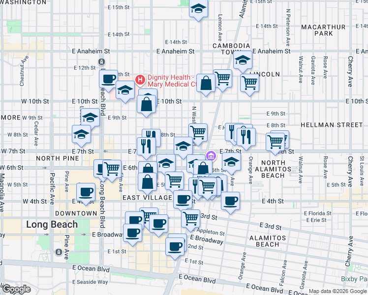 map of restaurants, bars, coffee shops, grocery stores, and more near 805 East 7th Street in Long Beach