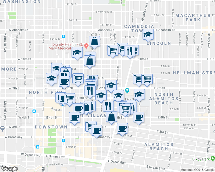 map of restaurants, bars, coffee shops, grocery stores, and more near 707 East 7th Street in Long Beach