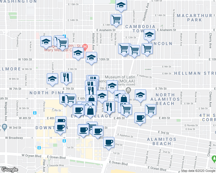 map of restaurants, bars, coffee shops, grocery stores, and more near 707 East 7th Street in Long Beach