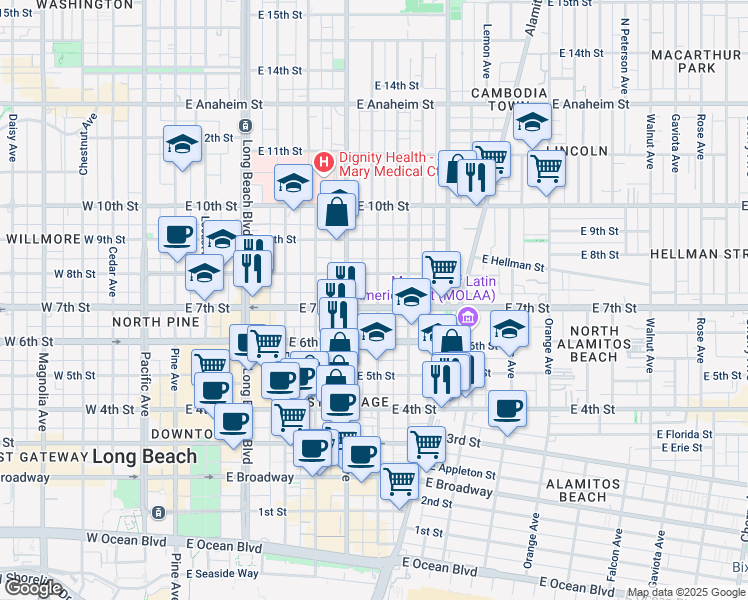 map of restaurants, bars, coffee shops, grocery stores, and more near 707 East 7th Street in Long Beach