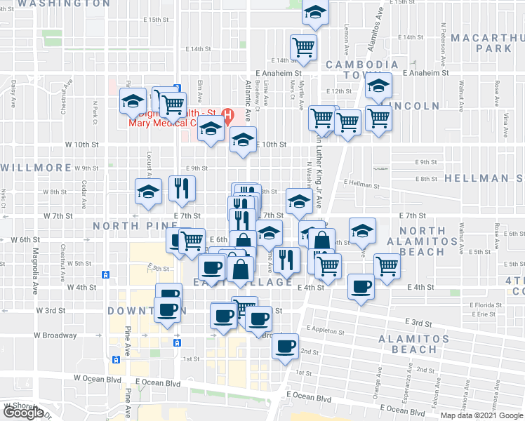 map of restaurants, bars, coffee shops, grocery stores, and more near 707 East 7th Street in Long Beach