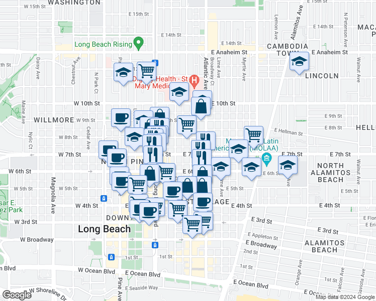 map of restaurants, bars, coffee shops, grocery stores, and more near 701 Linden Avenue in Long Beach