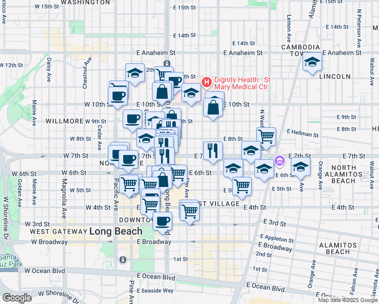 map of restaurants, bars, coffee shops, grocery stores, and more near 357 East 7th Street in Long Beach