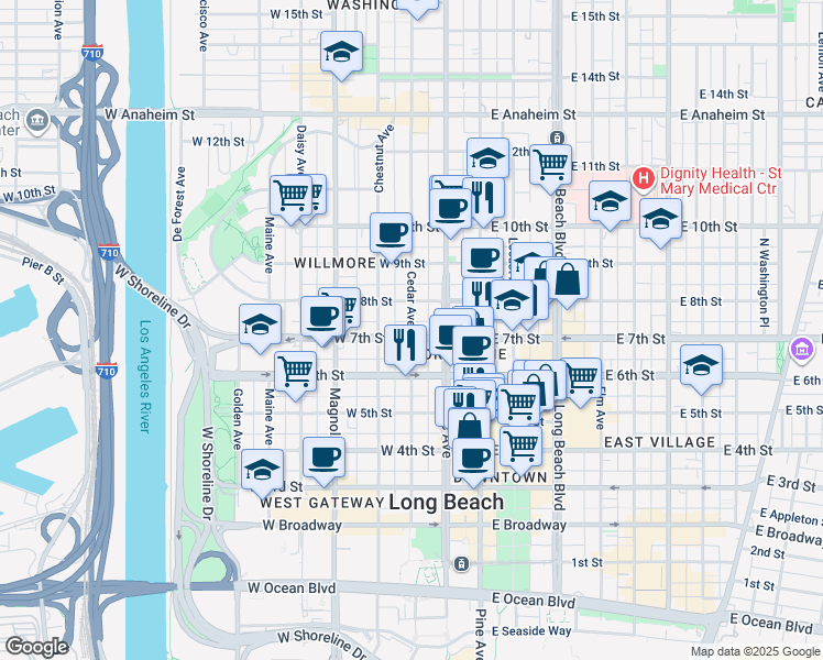 map of restaurants, bars, coffee shops, grocery stores, and more near 309 West 7th Street in Long Beach