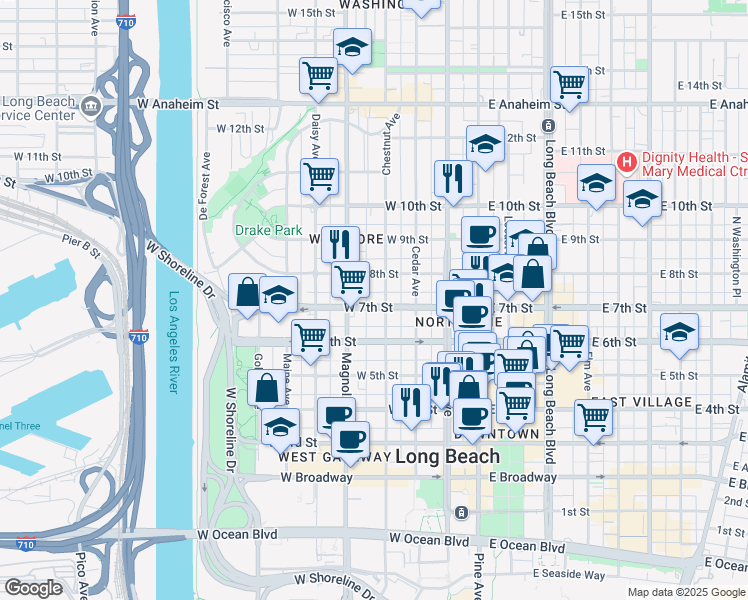 map of restaurants, bars, coffee shops, grocery stores, and more near 403 North Virginia Court in Long Beach