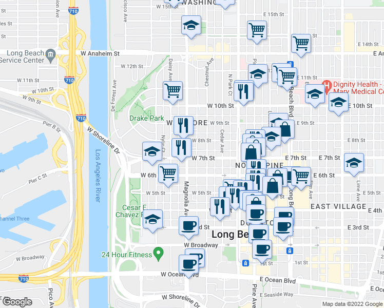 map of restaurants, bars, coffee shops, grocery stores, and more near 403 North Virginia Court in Long Beach