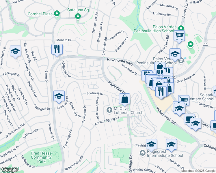 map of restaurants, bars, coffee shops, grocery stores, and more near 5975 Peacock Ridge Road in Rancho Palos Verdes
