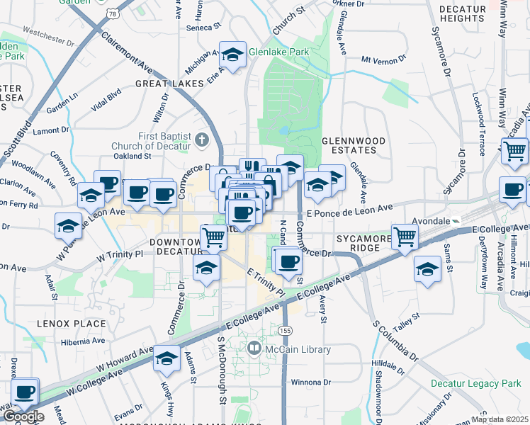 map of restaurants, bars, coffee shops, grocery stores, and more near 216 East Ponce de Leon Avenue in Decatur