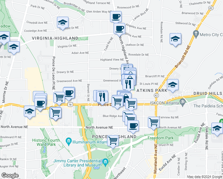 map of restaurants, bars, coffee shops, grocery stores, and more near 980 Saint Charles Avenue Northeast in Atlanta