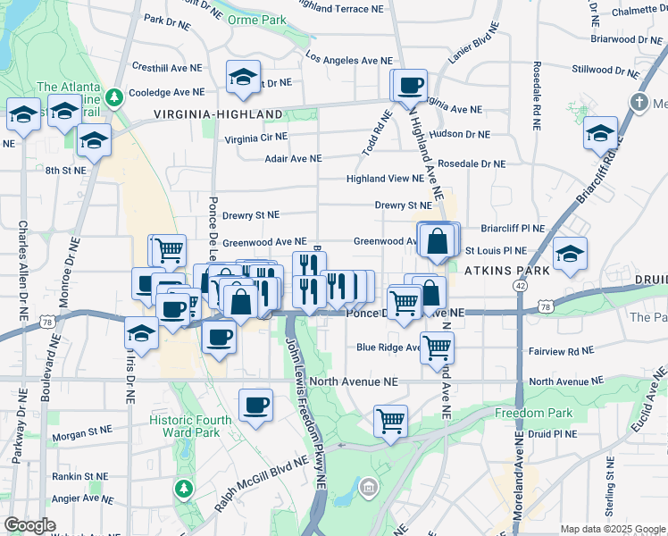 map of restaurants, bars, coffee shops, grocery stores, and more near 886 Saint Charles Avenue Northeast in Atlanta