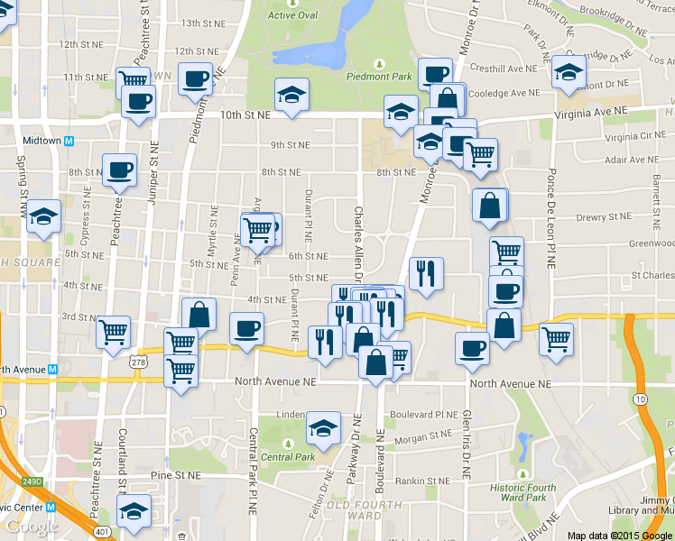 map of restaurants, bars, coffee shops, grocery stores, and more near 418 5th Street Northeast in Atlanta