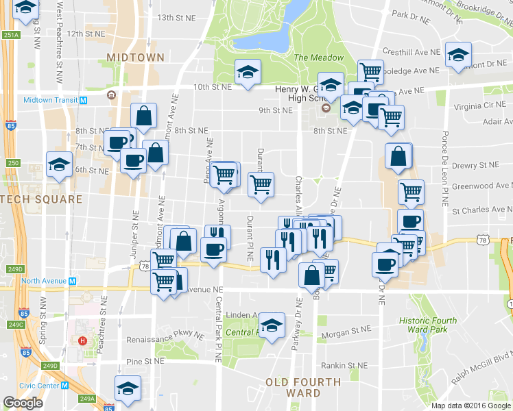 map of restaurants, bars, coffee shops, grocery stores, and more near 374 5th Street Northeast in Atlanta