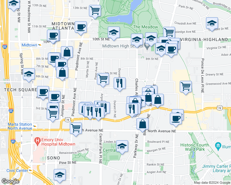 map of restaurants, bars, coffee shops, grocery stores, and more near 332 5th Street Northeast in Atlanta