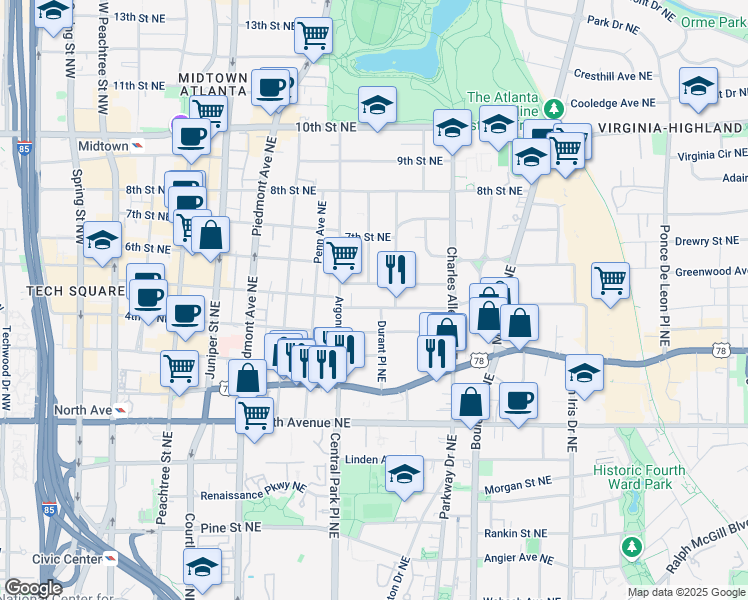 map of restaurants, bars, coffee shops, grocery stores, and more near 342 5th Street Northeast in Atlanta