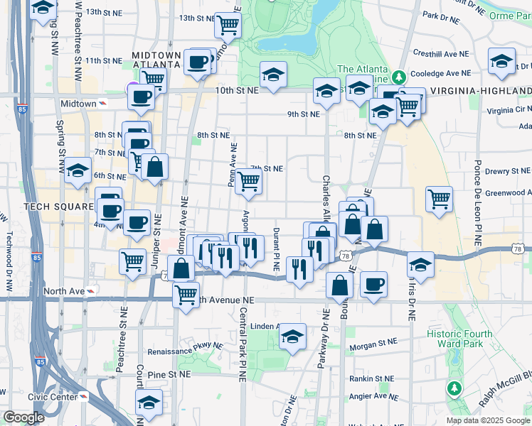 map of restaurants, bars, coffee shops, grocery stores, and more near 332 5th Street Northeast in Atlanta
