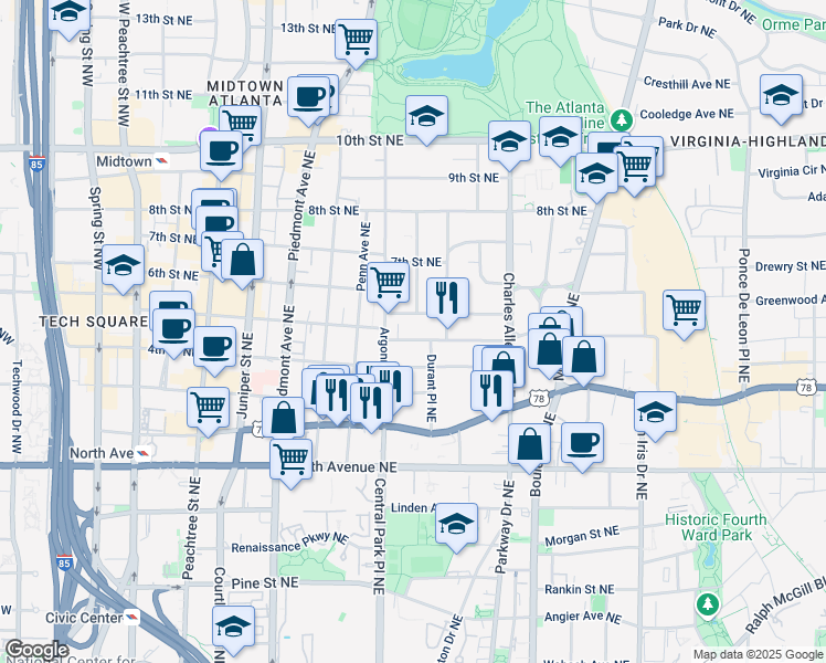 map of restaurants, bars, coffee shops, grocery stores, and more near 332 5th Street Northeast in Atlanta