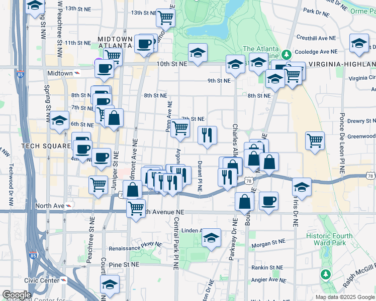 map of restaurants, bars, coffee shops, grocery stores, and more near 318 5th Street Northeast in Atlanta