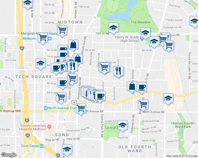 map of restaurants, bars, coffee shops, grocery stores, and more near 769 Penn Avenue Northeast in Atlanta