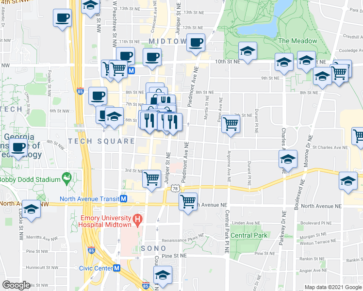 map of restaurants, bars, coffee shops, grocery stores, and more near 727 Juniper Street Northeast in Atlanta