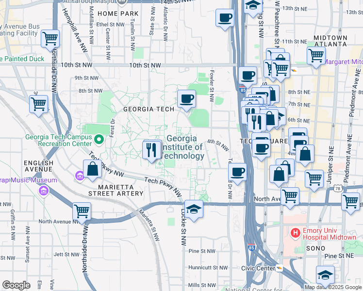 map of restaurants, bars, coffee shops, grocery stores, and more near in Atlanta