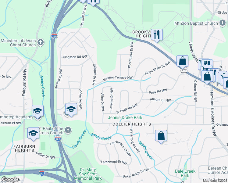 map of restaurants, bars, coffee shops, grocery stores, and more near 755 Laverne Drive Northwest in Atlanta