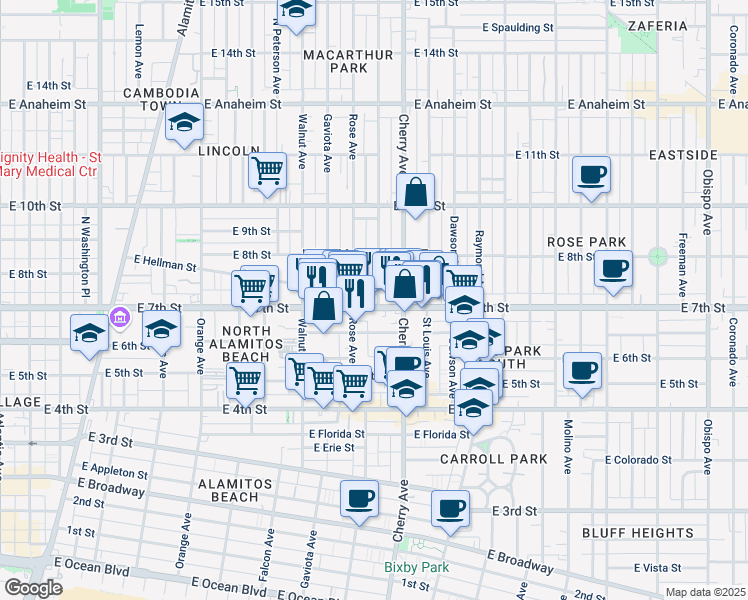 map of restaurants, bars, coffee shops, grocery stores, and more near 1905 East 7th Street in Long Beach