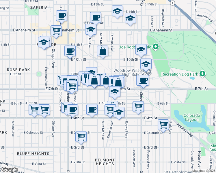 map of restaurants, bars, coffee shops, grocery stores, and more near in Long Beach