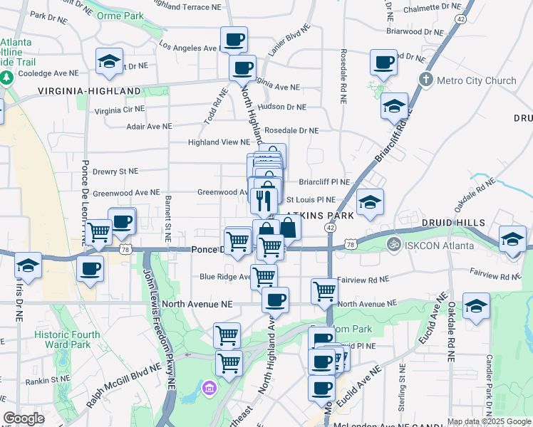 map of restaurants, bars, coffee shops, grocery stores, and more near 774 North Highland Avenue Northeast in Atlanta