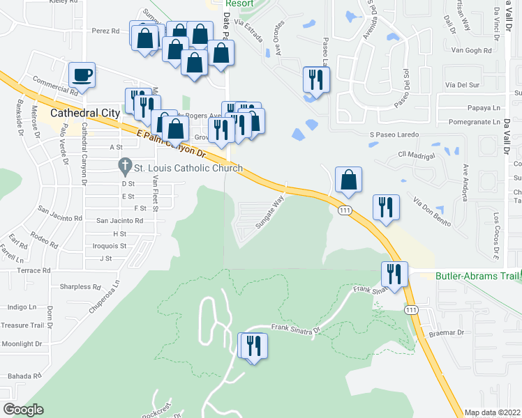 map of restaurants, bars, coffee shops, grocery stores, and more near 69333 East Palm Canyon Drive in Cathedral City