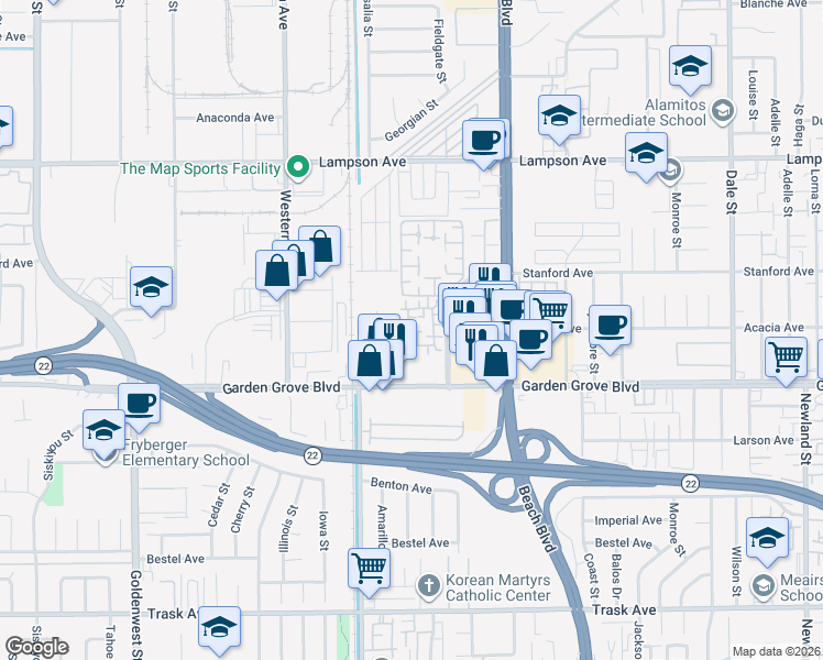 map of restaurants, bars, coffee shops, grocery stores, and more near 12739 Mistybrook Circle in Stanton
