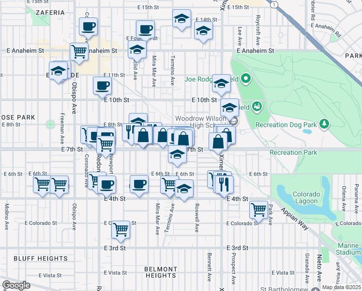 map of restaurants, bars, coffee shops, grocery stores, and more near 4107 East 7th Street in Long Beach