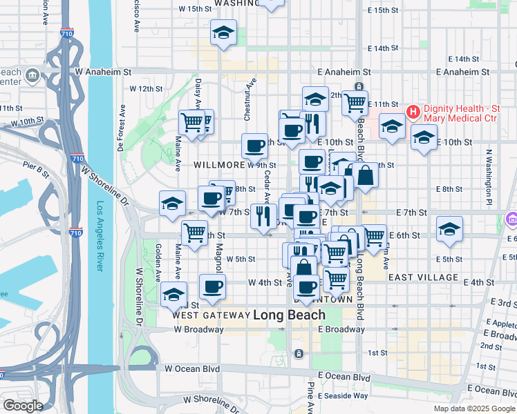 map of restaurants, bars, coffee shops, grocery stores, and more near 321 West 7th Street in Long Beach