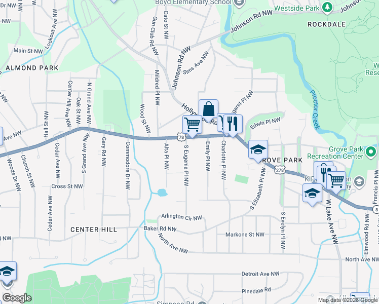map of restaurants, bars, coffee shops, grocery stores, and more near 4 South Eugenia Place Northwest in Atlanta