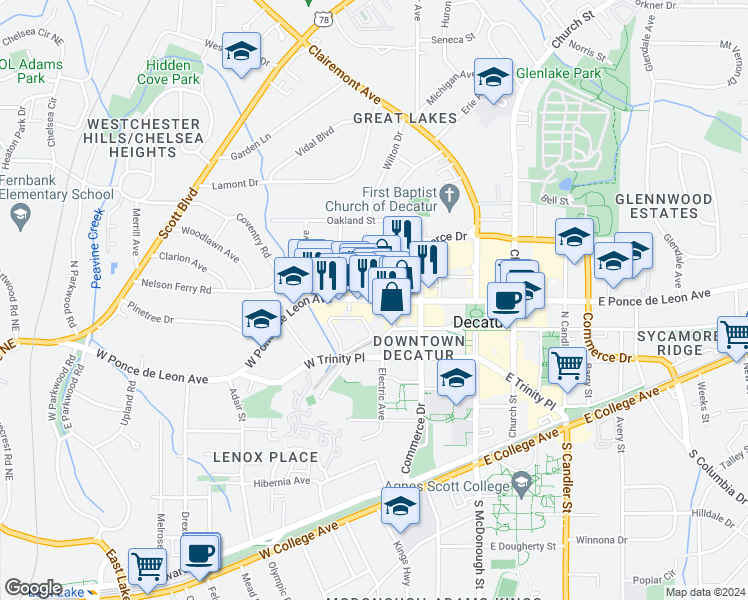 map of restaurants, bars, coffee shops, grocery stores, and more near 335 W Ponce De Leon Ave in Decatur