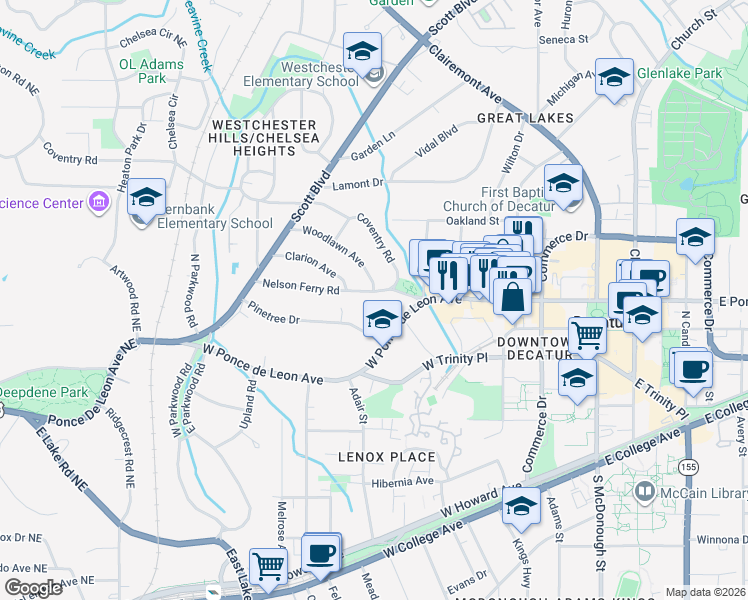 map of restaurants, bars, coffee shops, grocery stores, and more near 218 Nelson Ferry Road in Decatur