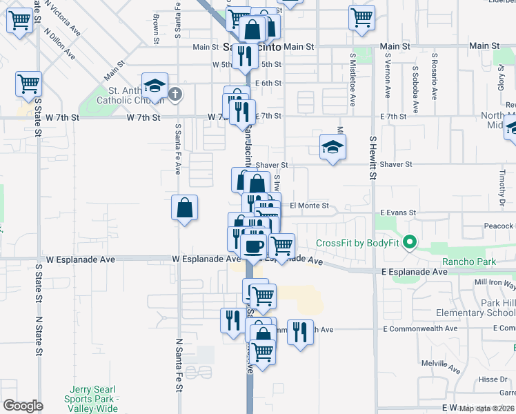 map of restaurants, bars, coffee shops, grocery stores, and more near 1223 South San Jacinto Avenue in San Jacinto