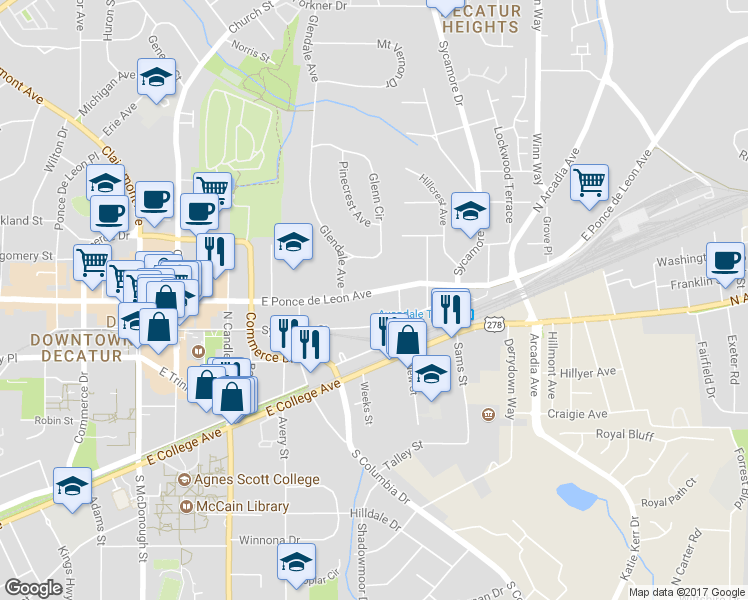 map of restaurants, bars, coffee shops, grocery stores, and more near 627 East Ponce de Leon Avenue in Decatur