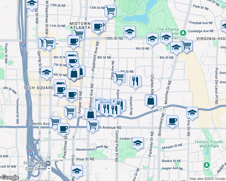 map of restaurants, bars, coffee shops, grocery stores, and more near 769 Penn Avenue Northeast in Atlanta