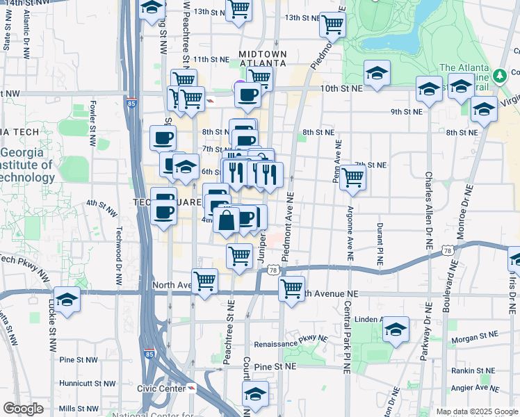 map of restaurants, bars, coffee shops, grocery stores, and more near 763 Peachtree Street Northeast in Atlanta