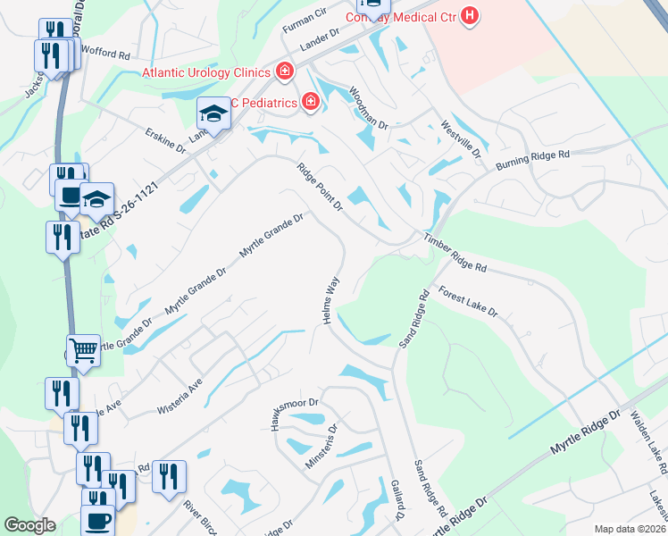 map of restaurants, bars, coffee shops, grocery stores, and more near 815 Helms Way in Conway