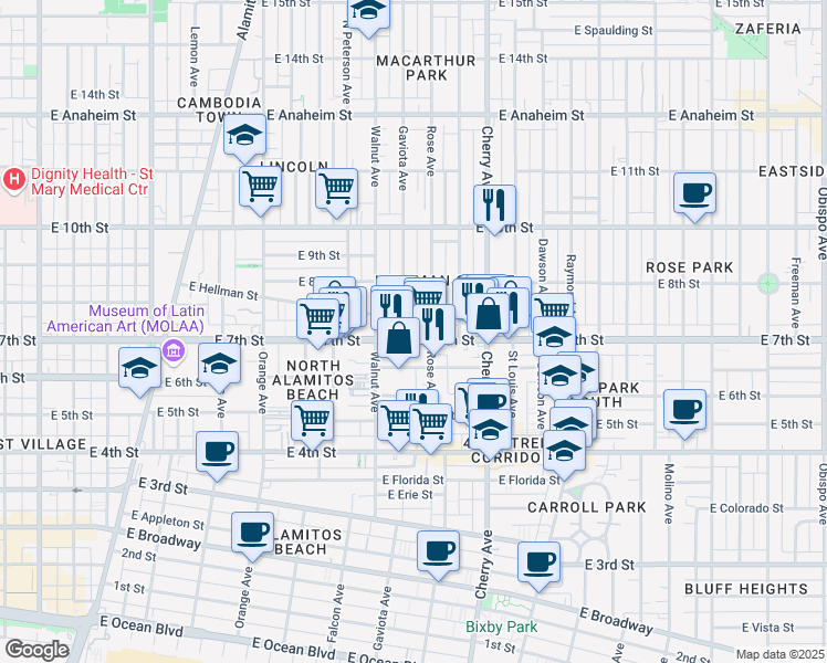 map of restaurants, bars, coffee shops, grocery stores, and more near 1715 East 7th Street in Long Beach